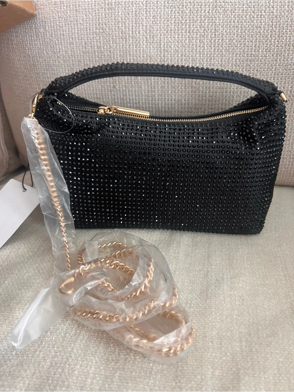 Black Crystal-Embellished Shoulder Bag with Gold Chain